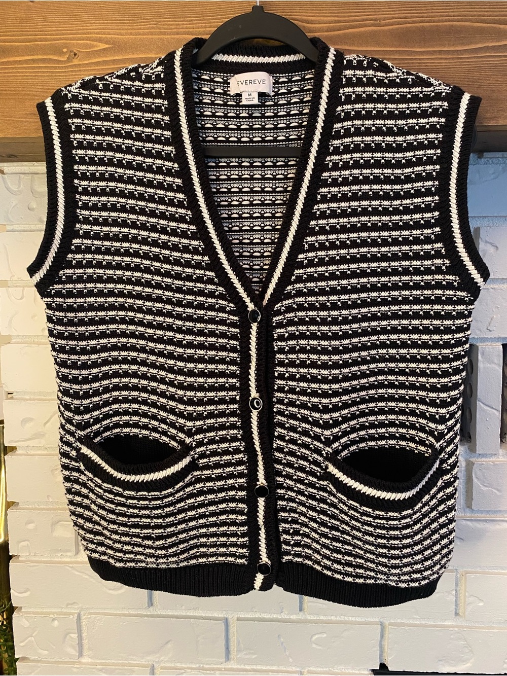 Evereve Black & White Open Knit Sweater Vest Medium Cotton Modal Button Front - Picture 3 of 9